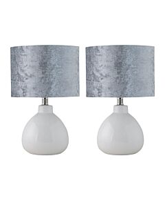 Set of 2 Tuscan - White Ceramic Lamps with Grey Crushed Velvet Shade