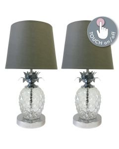 Pair of Chrome Pineapple Touch Lamps with Grey Shades