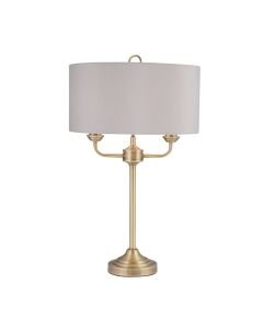 Antique Brass Twin Arm Table Lamp with Grey Cotton Shade