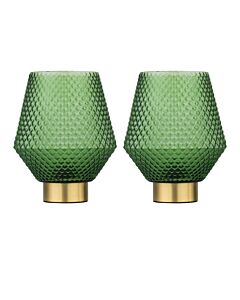Set of 2 Porter - Battery Operate Satin Brass Lamps Green Tex Glass