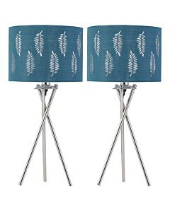 Set of 2 Tripod Table Lamps with Teal Fern Cut Out Shades
