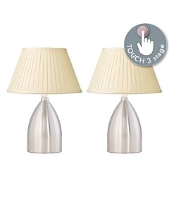 Set of 2 Valentina - Brushed Chrome Touch Lamps with Cream Pleated Faux Silk Shades