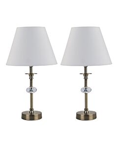 Set of 2 Antique Brass Table Lamps with Facet Detail and Ivory Shades