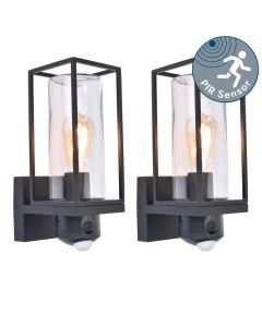 Set of 2 Flair - Black Clear Glass IP44 Outdoor Large Sensor Wall Lights