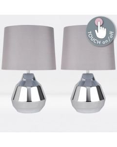 Pair of Polished Chrome 39cm Touch Lamps with Grey Shades