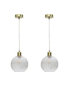 Set of 2 Betchley - Clear Ribbed Glass Globe with Satin Brass Pendant Fittings