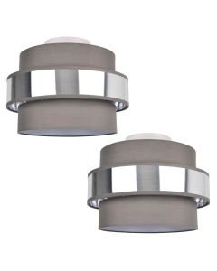 Pair of 2 Tier Grey Fabric & Brushed Silver Plated Banded Ceiling Flush Shade