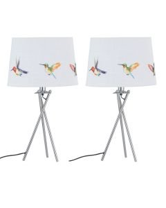 Set of 2 Hummingbird - Chrome Tripod Table Lamps with Linen Bird Print Shades