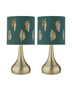 Set of 2 Romana - Antique Brass Touch Operated Table Lamps Bedside Lights Dark Green Fern Shade