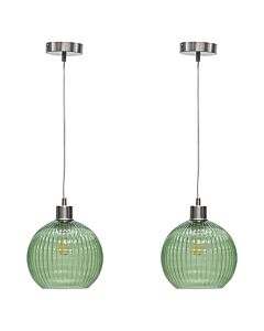 Set of 2 Betchley - Green Ribbed Glass Globe with Satin Nickel Pendant Fittings