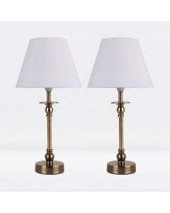 Set of 2 Antique Brass Plated Bedside Table Light with Ball Detail Column White Fabric Shade