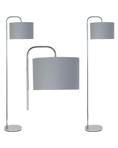 Set of 2 Chrome Arched Floor Lamps with Grey Cotton Shades
