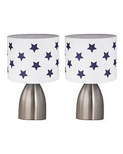 Set of 2 Valentina - Brushed Chrome Touch Lamps with White & Blue Stars Shades