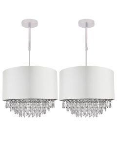 Set of 2 400mm Cream Faux Silk Ceiling Adjustable Flush Shade with Chrome Inner and Clear Droplets