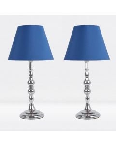 Set of 2 Chrome Plated Bedside Table Light with Candle Column Blue Fabric Shade