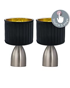 Set of 2 Valentina - Brushed Chrome Touch Lamps with Black Pleated Velvet Shades