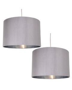Pair of Grey Faux Silk 30cm Drum Light Shade with Chrome Inners