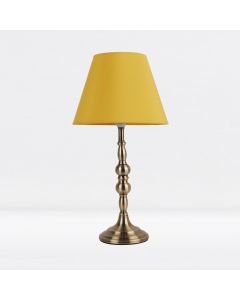 Antique Brass Plated Bedside Table Light with Candle Column Ochre Fabric Shade