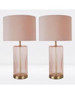 Set of 2 Blush Pink Fluted Glass Lamps with Pink Velvet Shades