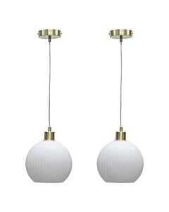 Set of 2 Betchley - White Ribbed Glass Globe with Satin Brass Pendant Fittings