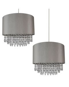 2 x Modern Silver Ceiling Light Pendant Shades w/ Silver Inner & Clear Droplet Beads
