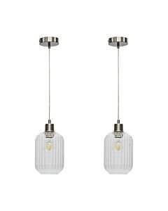 Set of 2 Batley - Clear Ribbed Glass with Satin Nickel Pendant Fittings