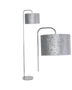 Chrome Arched Floor Lamp with Grey Crushed Velvet Shade