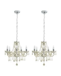 Set of 2 Marie Therese - Champagne and Chrome with Acrylic Jewels 5 Arm Chandeliers