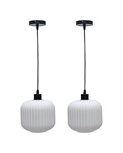 Set of 2 Bento - White Ribbed Glass with Black Pendant Fittings