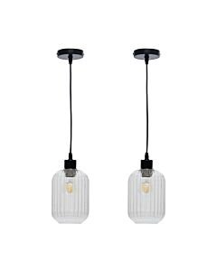 Set of 2 Batley - Clear Ribbed Glass with Black Pendant Fittings