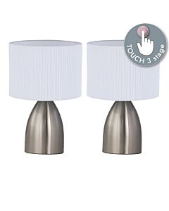 Set of 2 Valentina - Brushed Chrome Touch Lamps with White Pleated Shades