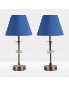 Set of 2 Antique Brass Plated Stacked Bedside Table Light Faceted Detail Blue Fabric Shade