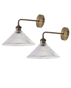 Set of 2 Isaac - Antique Brass Wall Lights with Fluted Glass Shades