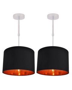 Set of 2 Black Faux Silk 30cm Drum Light Ceiling Adjustable Flush Shade with Copper Inner