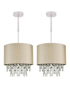 Set of 2 Pale Gold 250mm Ceiling Adjustable Flush Shade with Matching Inner and Clear Droplets