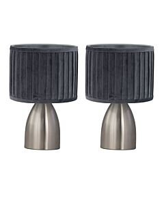 Set of 2 Valentina - Brushed Chrome Touch Lamps with Grey Pleated Velvet Shades