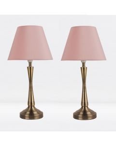 Set of 2 Antique Brass Plated Bedside Table Light with Curved Column Blush Pink Fabric Shade
