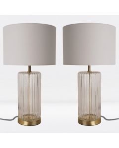 Set of 2 Fluted Design Table Lamp Finished in Clear Glass and Bronze Effect Colour with Ivory Woven Cylinder Fabric Shade