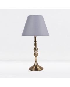 Antique Brass Plated Bedside Table Light with Candle Column Grey Fabric Shade