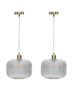 Set of 2 Batley Large - Clear Ribbed Glass with Satin Brass Pendant Fittings