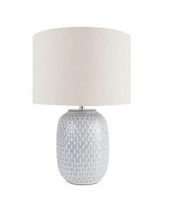 Reactive Glazed Textured Grey Ceramic Table Light with Natural Linen Cylinder Fabric Shade
