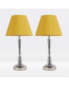 Set of 2 Chrome Plated Bedside Table Light with Curved Column Ochre Fabric Shade