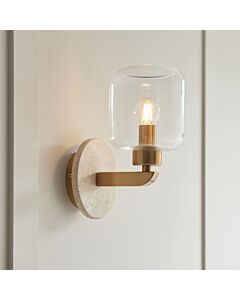 Endon Lighting - Travi - 120662 - Vintage Brass Travertine Stone Clear Glass Wall Light