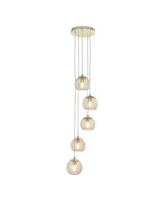 Endon Lighting - Dimple - 91972 - Satin Brass Clear Champagne Glass 5 Light Ceiling Pendant Light