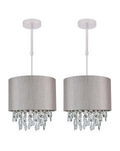Set of 2 Silver Grey 250mm Ceiling Adjustable Flush Shade with Silver Inner and Clear Droplets