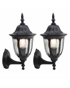 Set of 2 Durham - Black with Clear Glass IP44 Outdoor Lantern Style Wall Lights