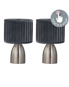 Set of 2 Valentina - Brushed Chrome Touch Lamps with Grey Pleated Velvet Shades