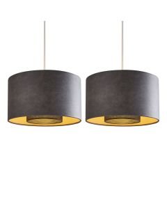 Set of 2 Larset - Black Leather Easy Fit  Pendant Shades with Metal Mesh Diffusers