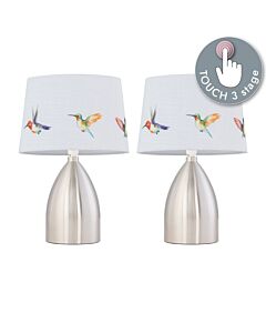 Set of 2 Valentina - Brushed Chrome Touch Lamps with Bird Print Shades