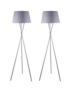 Pair Grey Tripod Floor Lamp with Grey Fabric Shade